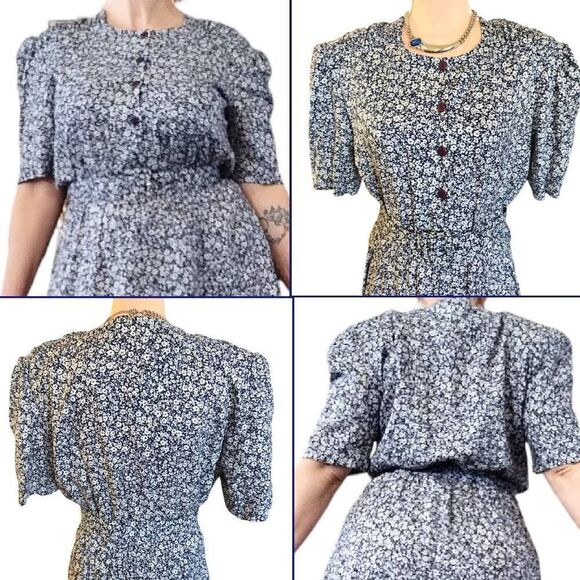 VTG 80s USA Blue White Floral Belted Secretary Midi Dress Size 10/ Medium - Picture 10 of 16